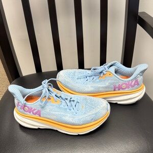 Hoka Clifton 9 Light Blue and Orange Athletic Shoes
